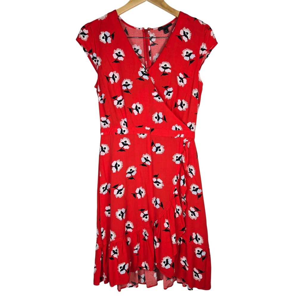 J. Crew Cerise Ruffle Red Floral Faux Wrap Ruffle Dress L4277 Size 4 Tall